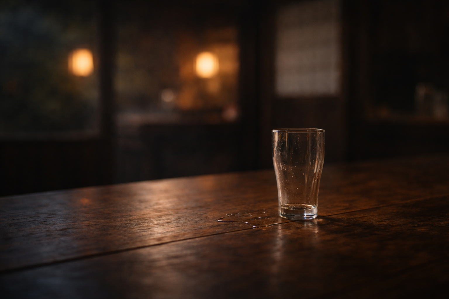 木の卓に残された空のグラス